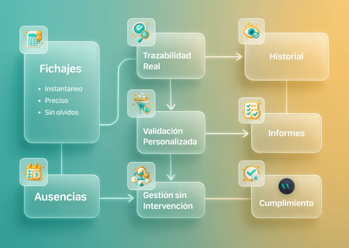 Diagrama de INWOUT: los fichajes pasan por trazabilidad y validación, y quedan en el historial, los informes y el cumplimiento